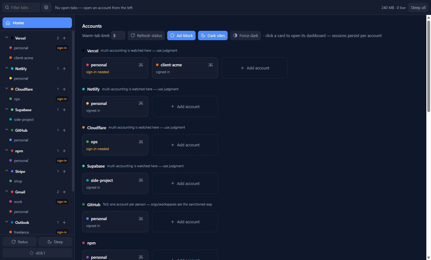 My Provider Dash Manager Home screen: the account rail on the left and one card per account, colour-coded by service